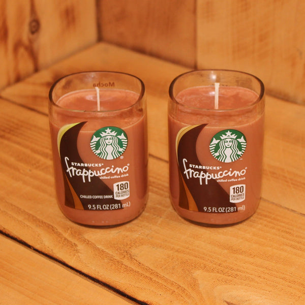 Pair of 6oz  Salted Caramel Scented Soy Candles made from Upcycled Starbucks Frappuccino bottles