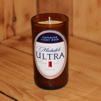 Hand Poured Soy Candle in Handmade Upcycled Michelob Ultra beer bottle glass made from a 12oz bottle