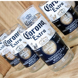 Six Pack Corona Extra 8 ounce juice drinking glasses made from repurposed beer bottles