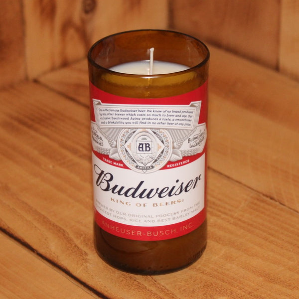 Hand Poured Scented Soy Candle in Handmade Upcycled Budweiser Glass made from a beer bottle