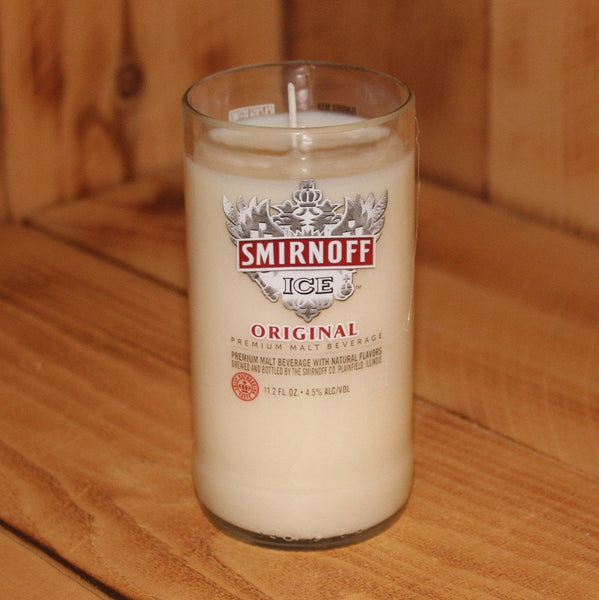Hand Poured Soy Candle in Handmade Upcycled Smirnoff Ice Glass made from a 12oz bottle