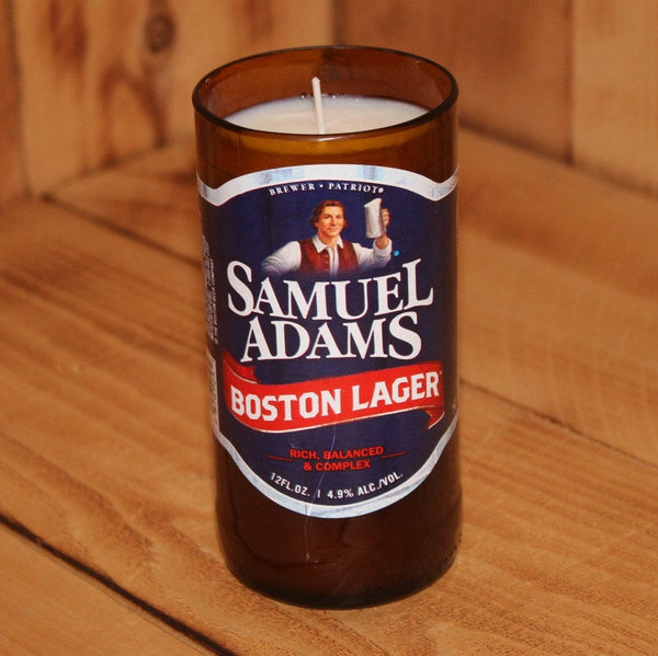 Hand Poured Soy Candle in Handmade Upcycled Sam Adams Boston Lager Glass made from a 12oz bottle