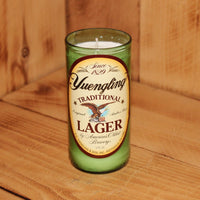 Hand Poured Soy Candle in Handmade Upcycled Yuengling Lager beer bottle glass made from a 12oz bottle