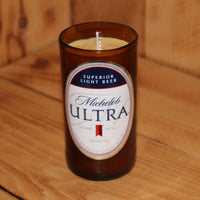 Hand Poured Soy Candle in Handmade Upcycled Michelob Ultra beer bottle glass made from a 12oz bottle