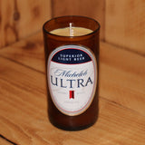 Hand Poured Soy Candle in Handmade Upcycled Michelob Ultra beer bottle glass made from a 12oz bottle