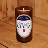 Hand Poured Soy Candle in Handmade Upcycled Michelob Ultra beer bottle glass made from a 12oz bottle