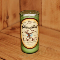 Hand Poured Soy Candle in Handmade Upcycled Yuengling Lager beer bottle glass made from a 12oz bottle