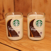 Pair of 6oz French Vanilla Mocha Scented Soy Candles made from Upcycled Starbucks Frappuccino bottles