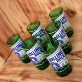 Six Pack Rolling Rock 8 ounce glasses made from upcycled beer bottles