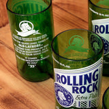 Six Pack Rolling Rock 8 ounce glasses made from upcycled beer bottles