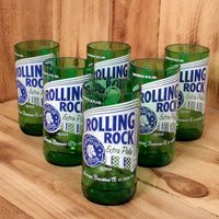 Six Pack Rolling Rock 8 ounce glasses made from upcycled beer bottles