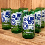 Six Pack Rolling Rock 8 ounce glasses made from upcycled beer bottles
