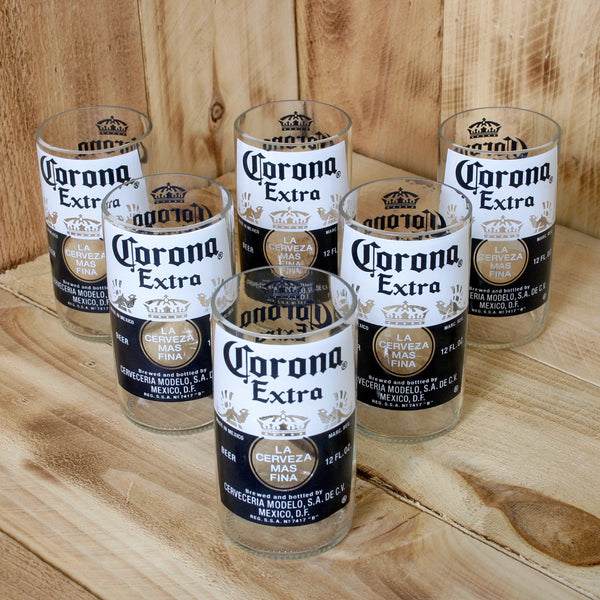 Six Pack Corona Extra 8 ounce juice drinking glasses made from repurposed beer bottles