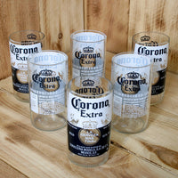 Six Pack Corona Extra 8 ounce juice drinking glasses made from repurposed beer bottles