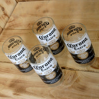 Four Pack Upcycled Corona 8 ounce juice drinking glasses made from repurposed beer bottles