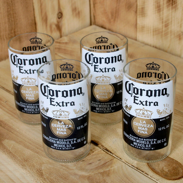 Four Pack Upcycled Corona 8 ounce juice drinking glasses made from repurposed beer bottles