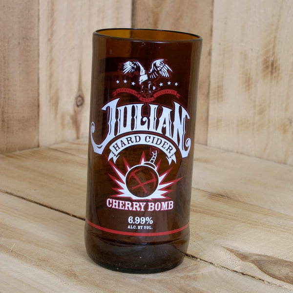 Upcycled Julian Hard Cider Cherry Bomb pint glass made from a repurposed bottle