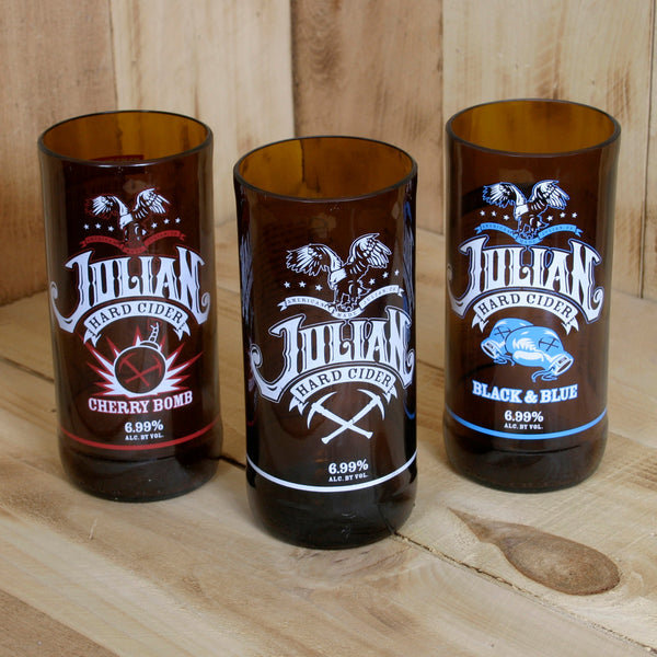 Upcycled Julian Hard Cider Pint Glasses 3 Pack Original, Cherry Bomb, and Black and Blue